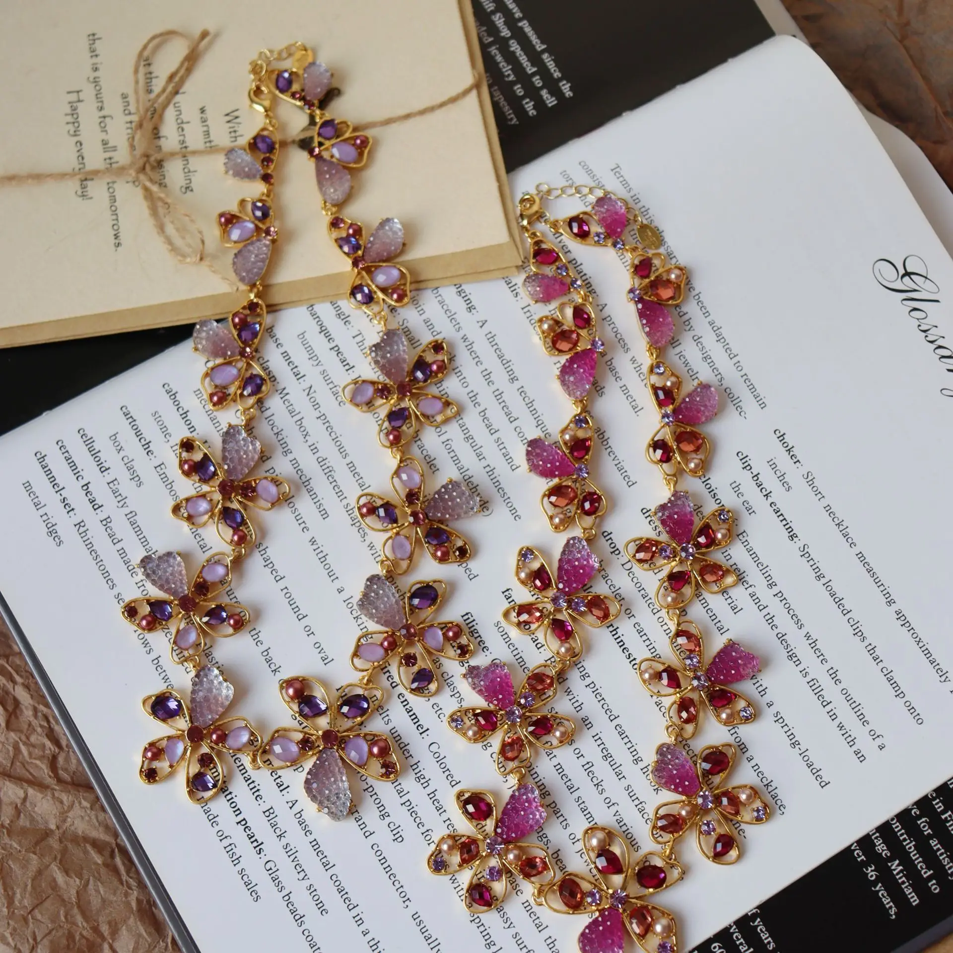 

Vintage Natural Colorful Flower Crystal Necklace For Women Jewelry Runway Party T Show Fancy Trendy Boho INS Japan