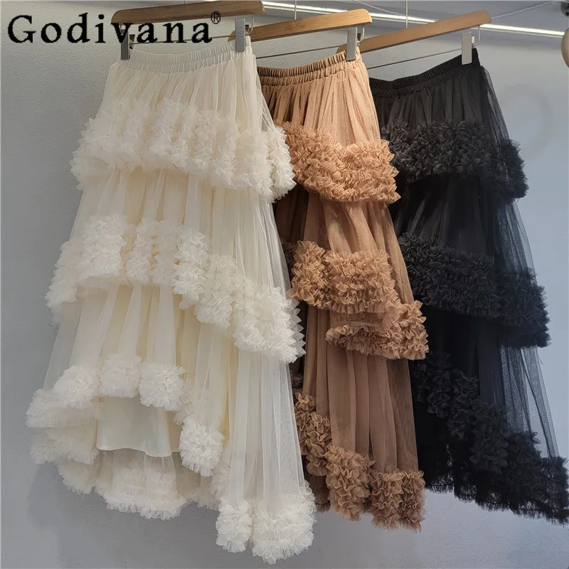 

2025 New Fashion Versatile A-line Loose Fairy Sweet Cake Skirt Spring and Summer Women High Waist Simple Irregular Gauze Skirts