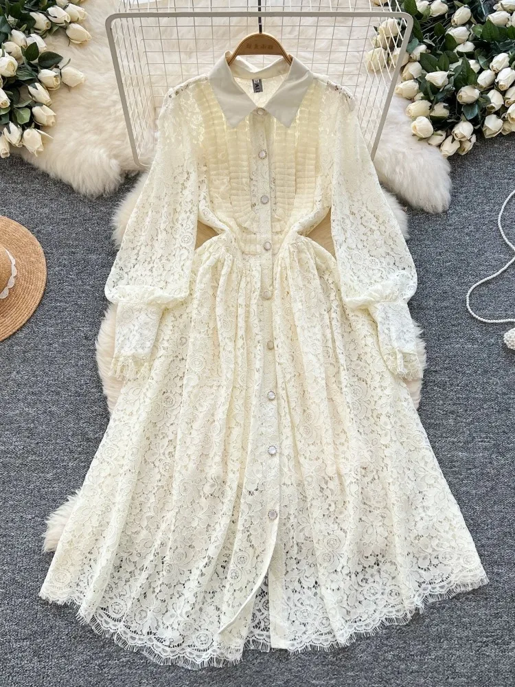 

Fashion Spring and Autumn New Flower Hollow French Lace Dress Sexy Swing Maxi Dresses Collar Single breasted Belt A-line Dress