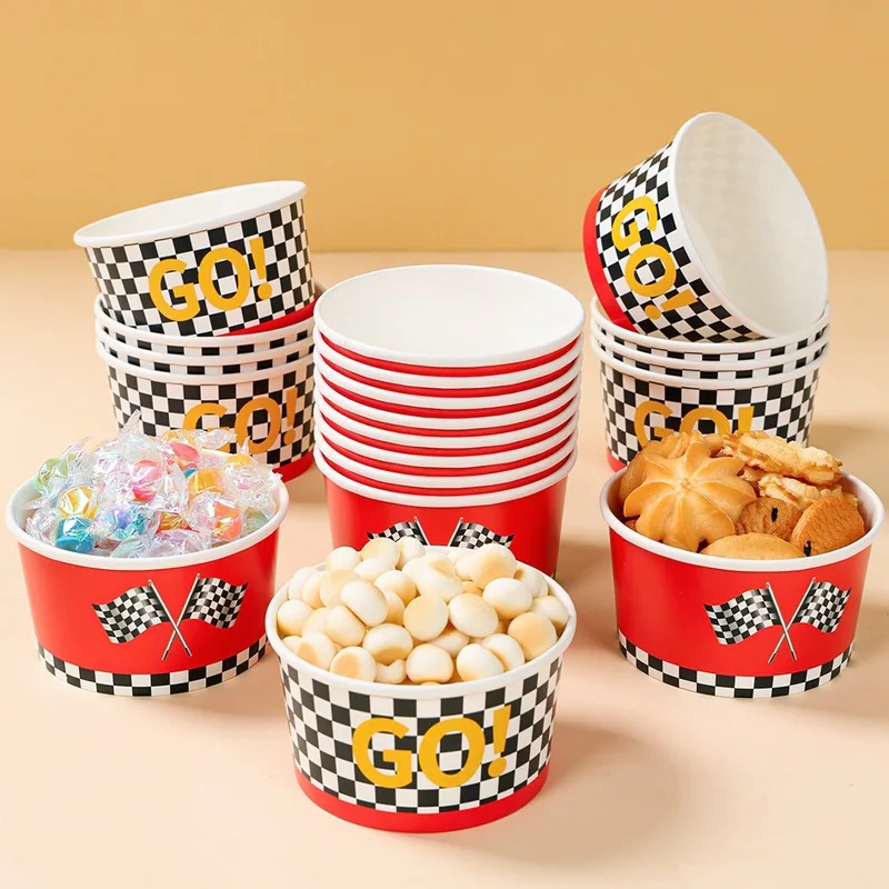 Rennwagen-Schachbrett-Design Einweg-Papierschalen und Snack-Schüsseln Set Rennwagen-Thema Jungen Geburtstagsparty Rennveranstaltung Tischgeschirr – Detail 4