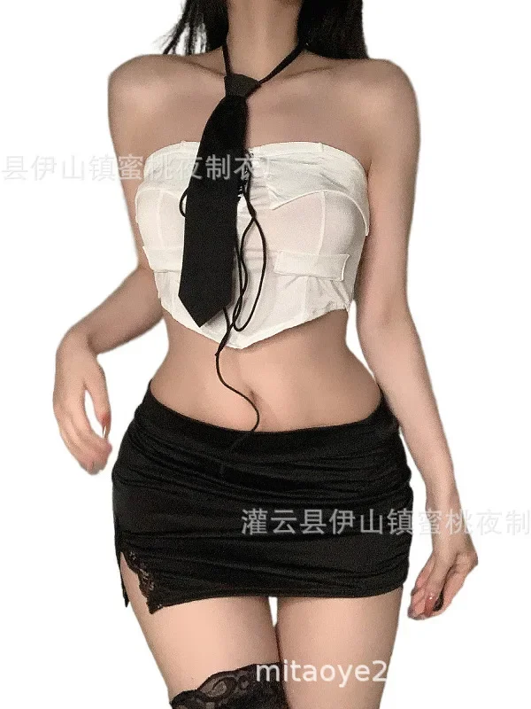 Ropa exótica de moda de verano para mujer, conjunto de Falda corta de uniforme profesional de secretaria con lazo abierto y un hombro