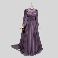 Purple Moroccan Kaftan Muslim Evening Dresses A-line Long Sleeves Chiffon Pearls Dubai Arabic Turkey Abaya Islamic Evening Gown