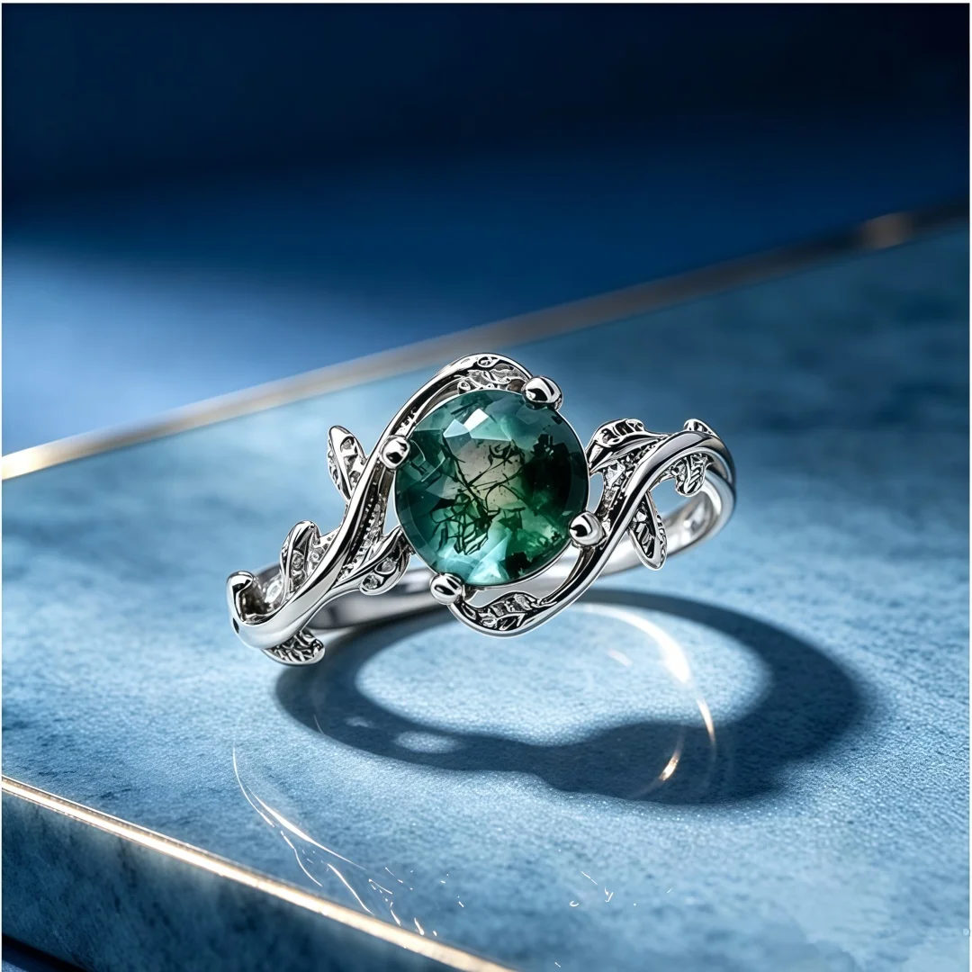 925 Sterling Silber Eleganter Vielseitiger Ring für Damen mit Moosachat und Aquatischem Pflanzenachat, Verstellbarer Offener Ring – Detail 5