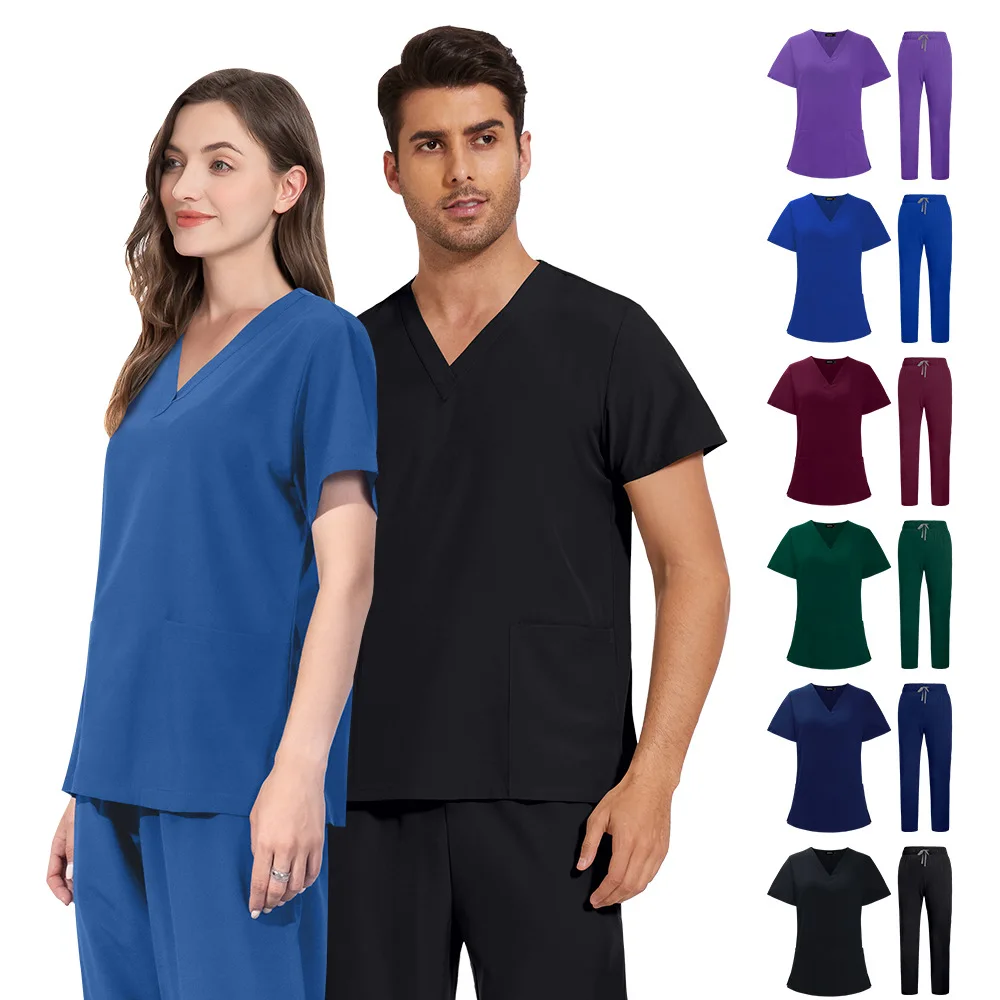 unisex-v-neck-scrubs-uniforms-wholesale-medical-jogger-set-nurses-accessories-dental-clinic-pet-grooming-scrub-top-pants-scrubs