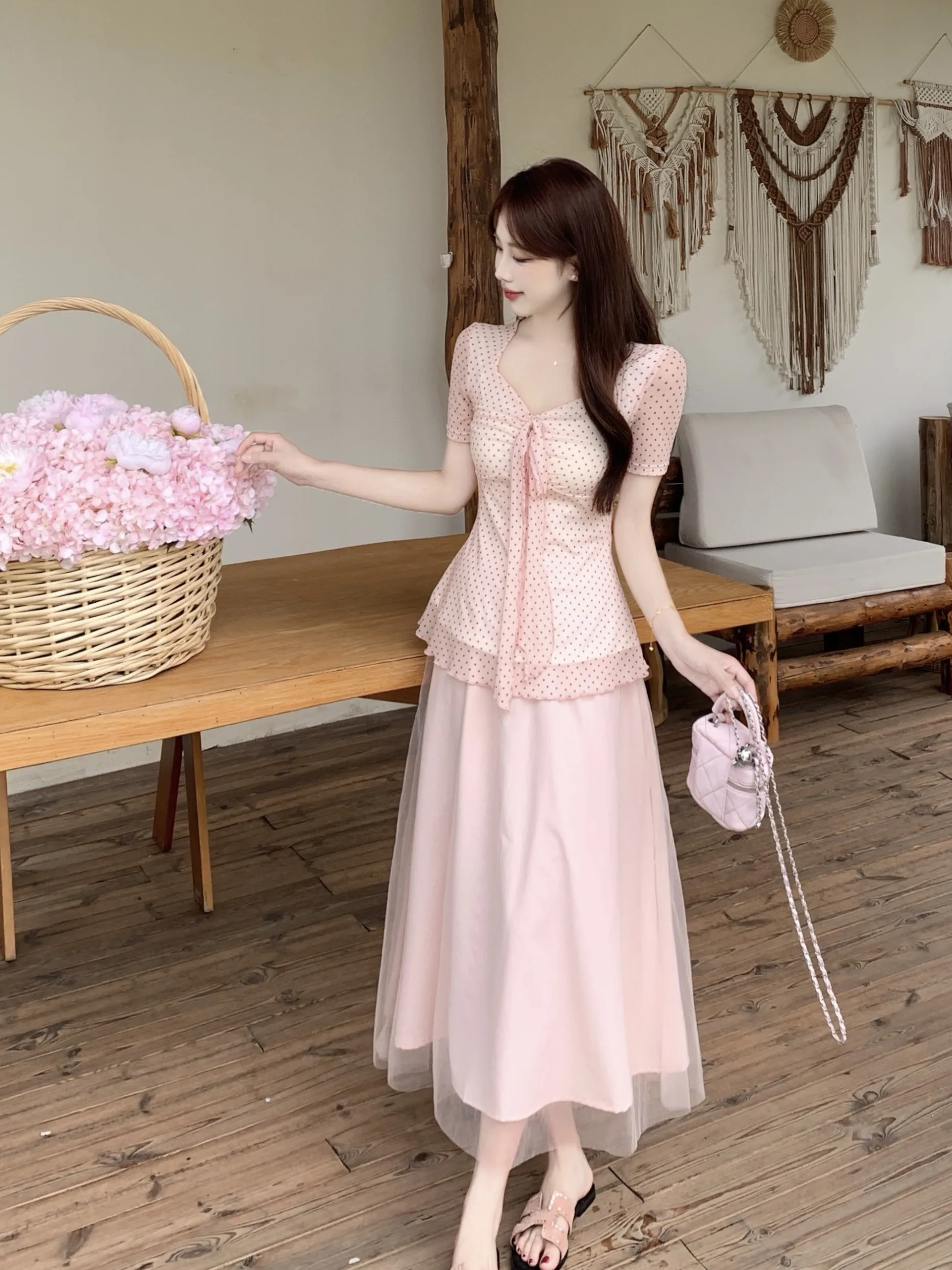 

plus Size Women's Polka Dot Mesh High Waist Square Neck Knot Top And Skirt Two Piece Set Summer Fashion Korean Style