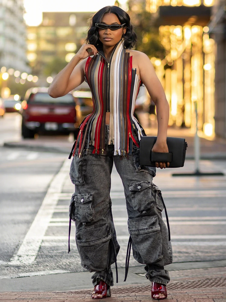 

Colorful Stripe Tank Tops Woman Halter Multiple Zip Design High Street Hip-Hop Style Vests