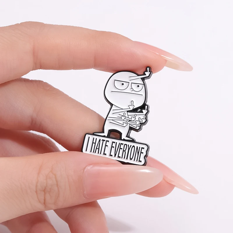 I Hate Everyone Enamel Pins Custom Stickman Middle Finger Brooches Lapel Badges Cartoon Funny Jewelry Gift for Kids Friends