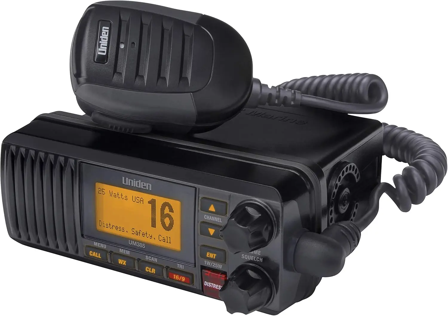 UM385BK 25 Watt Fixed Mount Marine VHF Radio, Waterproof, Noaa Weather Alert, All USA/Intl/Canadian Marine Channels