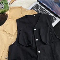 Vests Men Streetwear Casual Daily Loose Summer Multi Pockets Solid Color Simple Japanese Style Fashion Teenagers All-match Soft