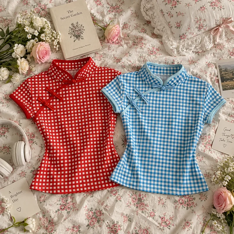 2026 Summer New Women Short Sleeve T Shirt Gingham Plaid Mandarin Collar Frog Button Slim Fit Vintage Chinese Style Casual Top