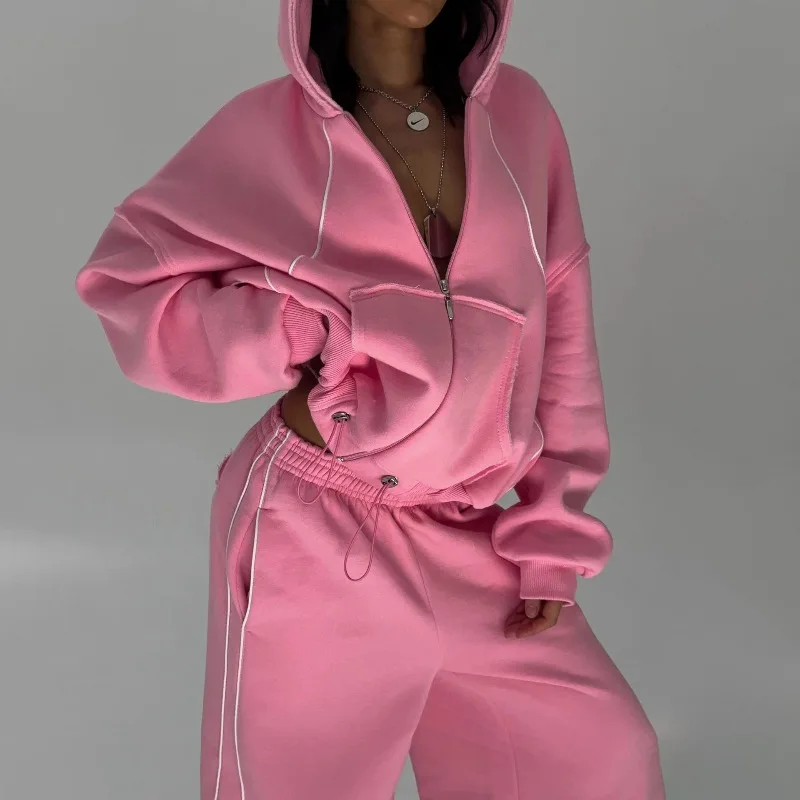 

Autumn and Winter Popular Sports Two-piece Fashion Zipper Long-sleeved Hooded Sweater and Loose-line Sweatpants Set Comfortable