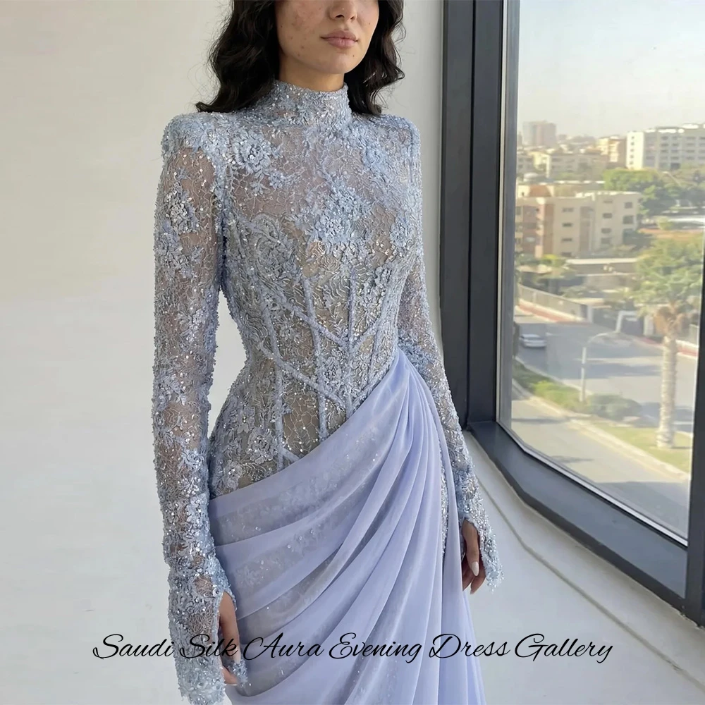 Classic Long Sleeves High Collar Evening Dress Customized Mermaid Appliques Celebrity Gowns High Quality Lace Vestido De Festa image 5
