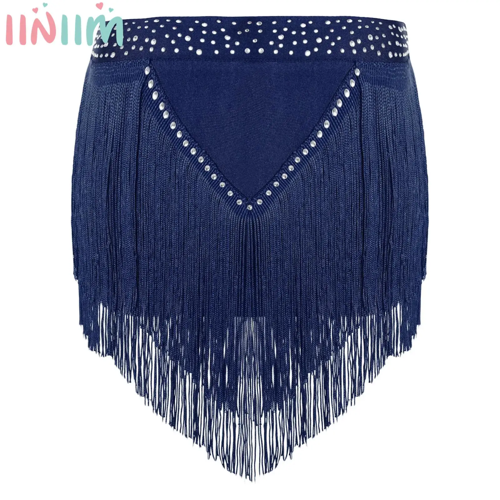 

Children Kids Girls Latin Dance Shorts Shiny Rhinestones Halloween Tango Carnival Performance Costume Layered Tassels Briefs