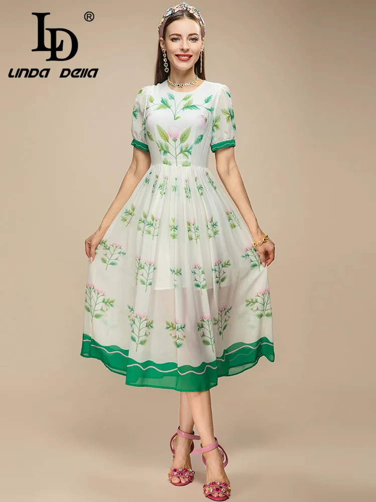 LD LINDA DELLA 2023 Summer Vacation Fashion Dress Women's Designer Short sleeve Elegant Flower Print A-line Midi Dresses