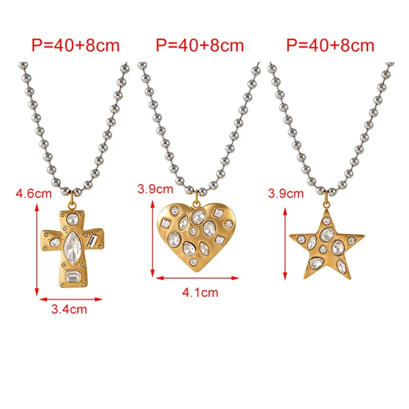 Titanium Steel Mixed-color Necklace Featuring a Cross, Heart, and Star Motif, Accented with a Bead-holding Clasp and Inlaid With - view 6