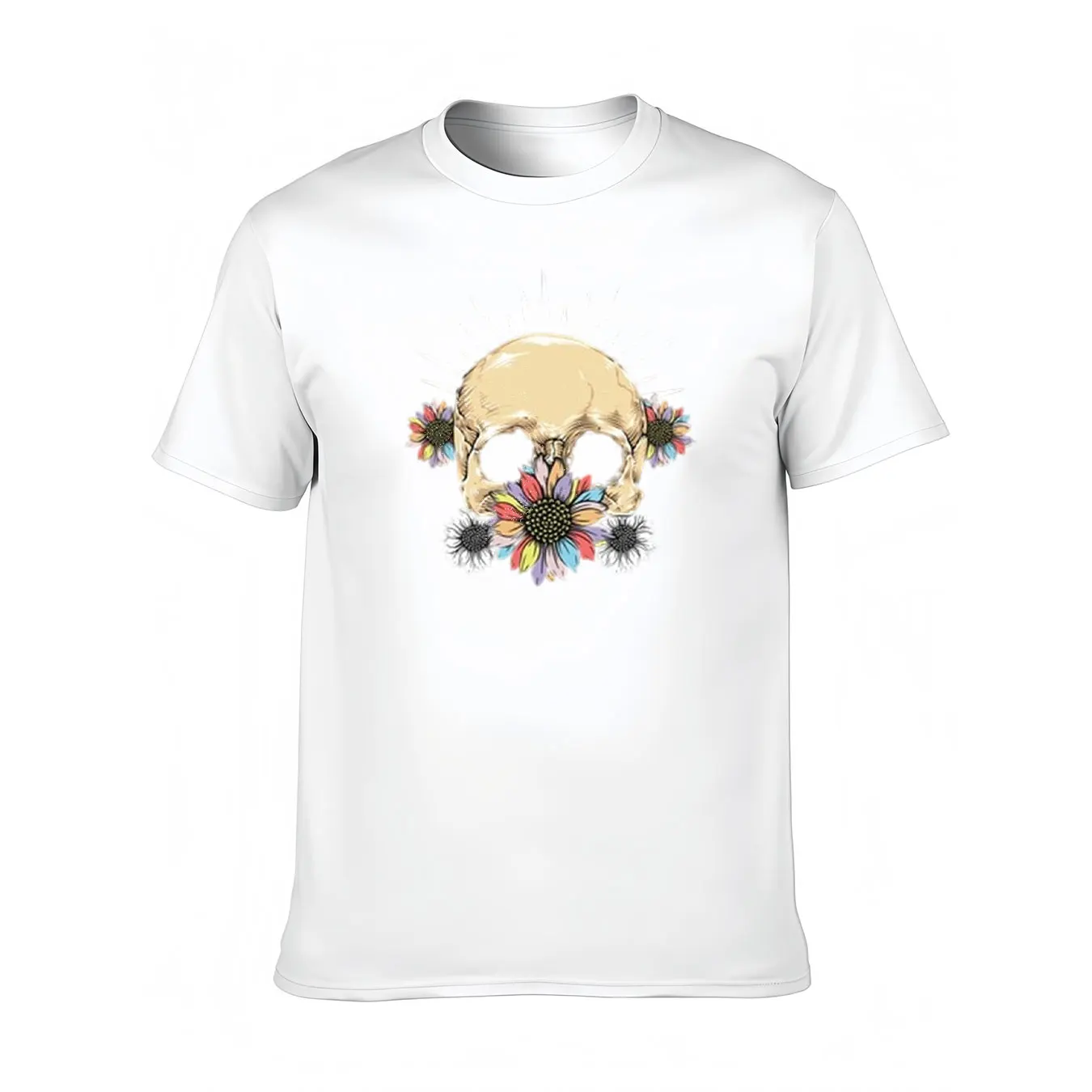 

Men's Cotton Tee With Skull And Sunflower Print, Soft Crew Neck Shirt For Outdoor, Christmas Gift