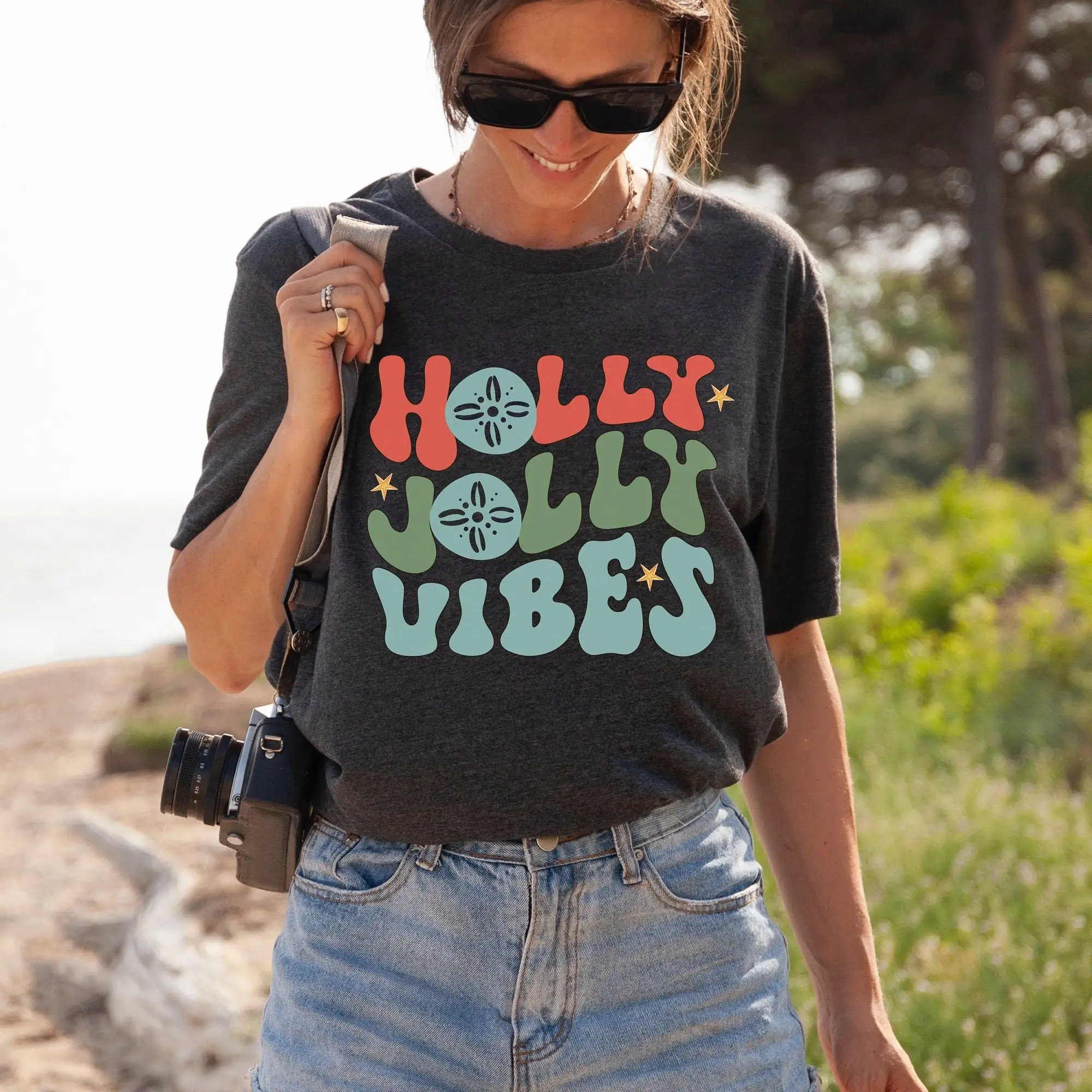 Holly Jolly Vibes T Shirt Beach Christmas Retro Vintage Tropical Holiday Coastal Womens Cute Xmas