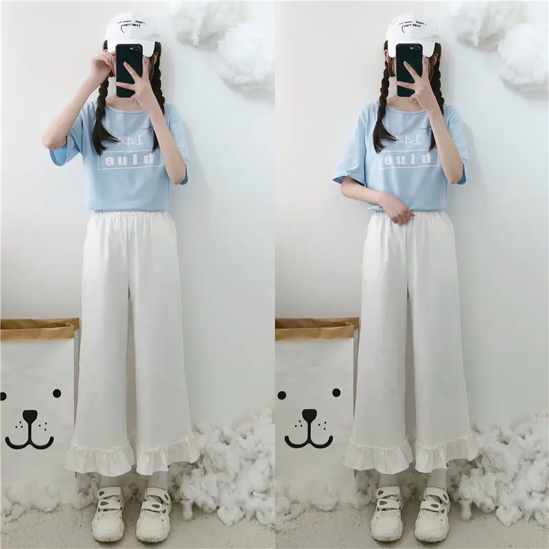 Casual Pants Women Summer Thin All-match Ruffles Elastic Waist Pockets Ankle-length Sweet Japanese S-5XL Fashion Soft Hot Sale