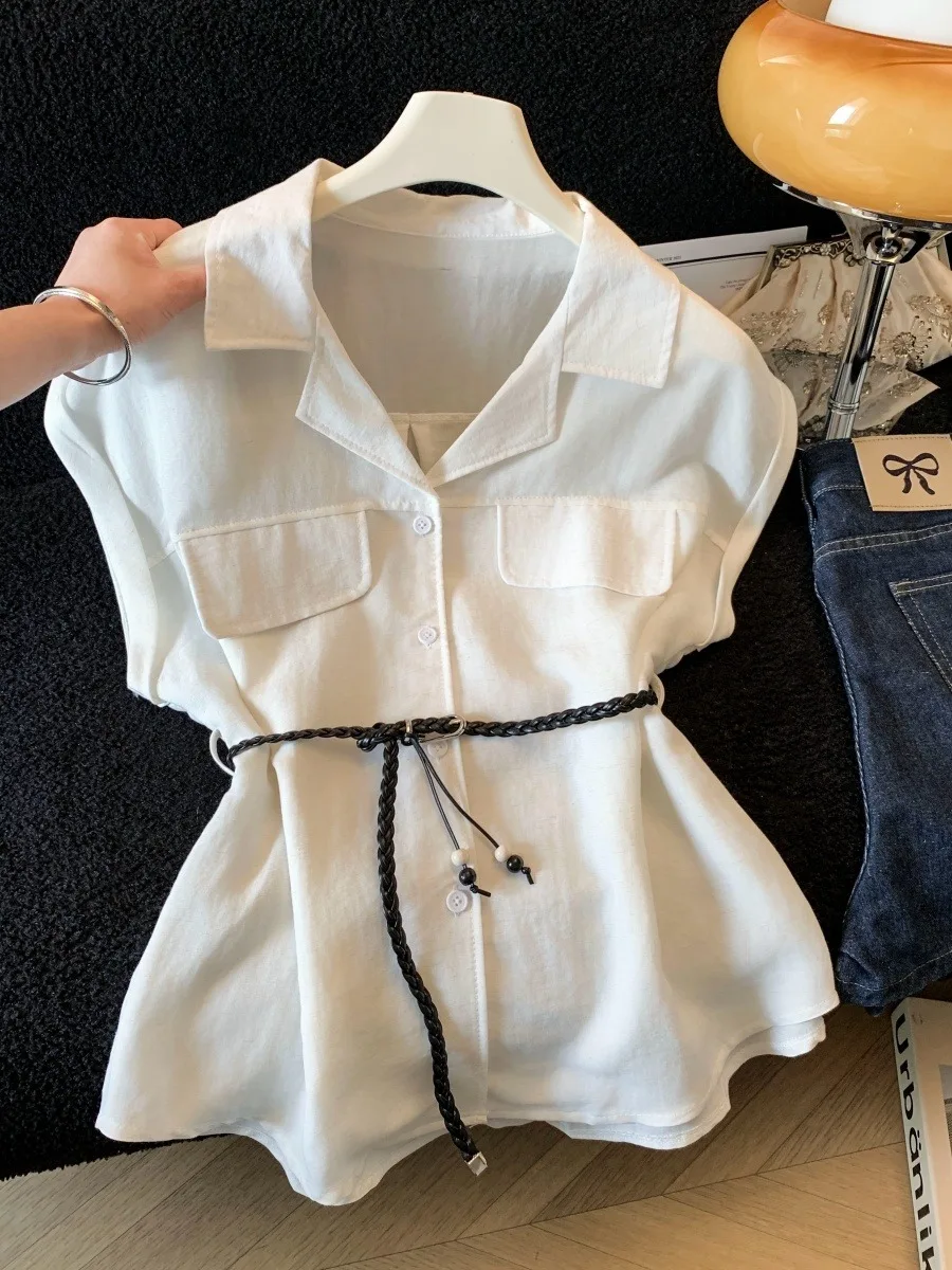 

White Short Sleeve Shirt Women's Summer Slim Fit High Waist Design Luxury Feel Casual Wear Open Cardigan Style Fashion Top
