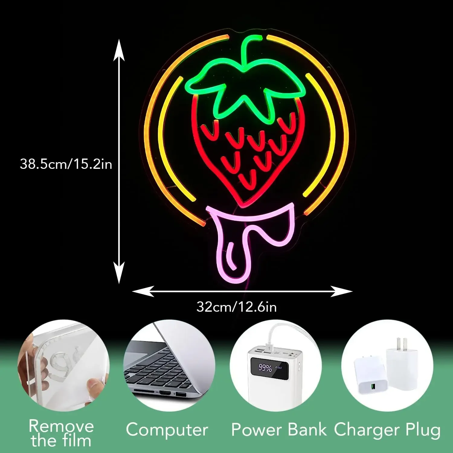 Strawberry Neon Light USB Dimmable LED  Neon Sign for Home Kitchen Fruit Market Dessert Shop Farmhouse Restaurant Wall Decor