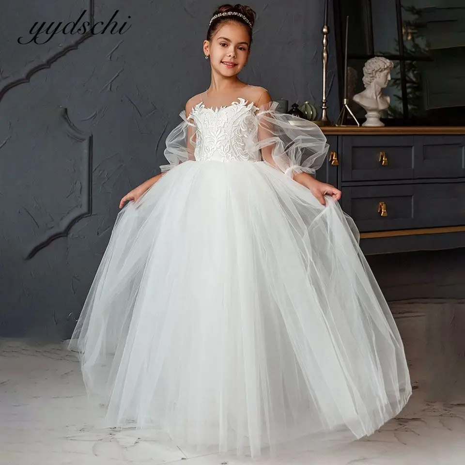 

White Tulle Puffy Lace Long Sleeves Flower Girl Dresses For Weddings Princess First Communion Birthday Party Prom Ball Gowns