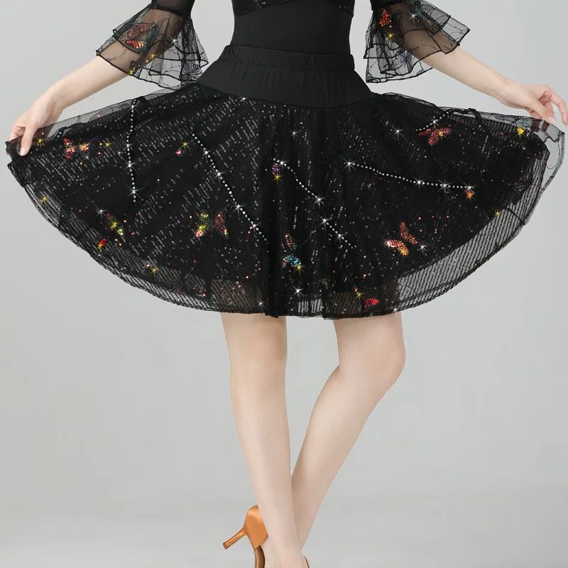Quadrado dança latina saia curta jitterbug meio corpo saia lantejoulas borboleta três passos saia inchada desempenho traje feminino