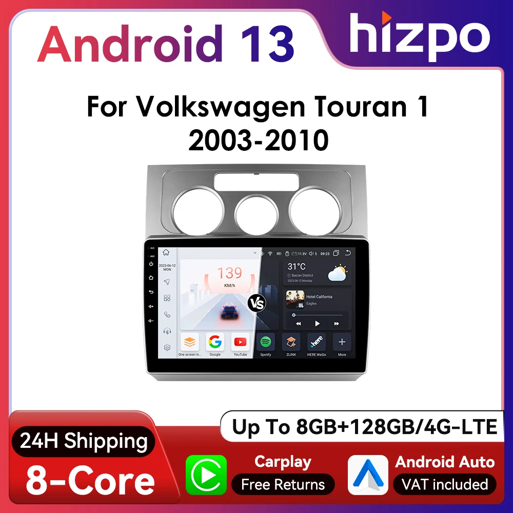 Hizpo 2Din 10.1-inch Android Car Radio for VW Volkswagen Touran 2003 - 2010 Auto CarPlay SWC DSP RDS 4G BT UI7862 Multimedia