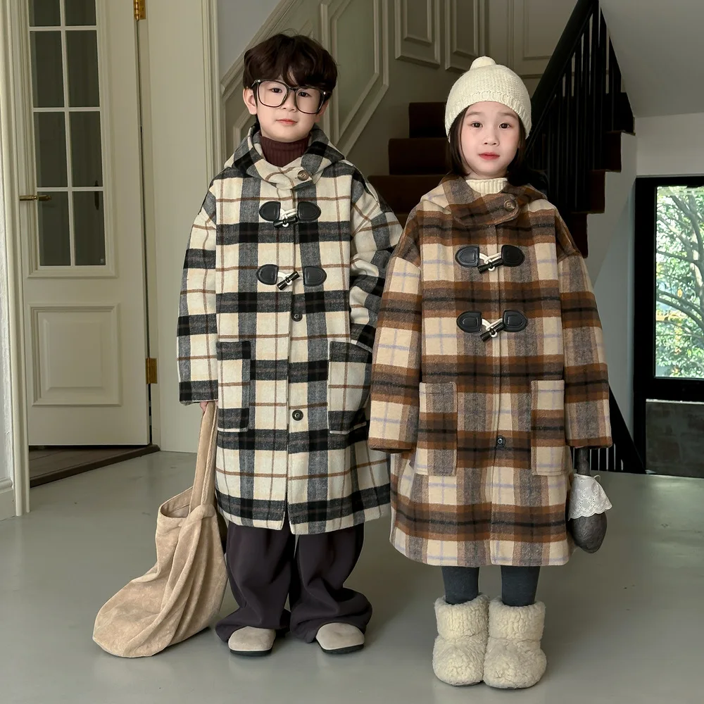 Manteau à carreaux en laine pour enfants, manteau à capuche moyen à long, édition coréenne, hommes et femmes, hiver 2024