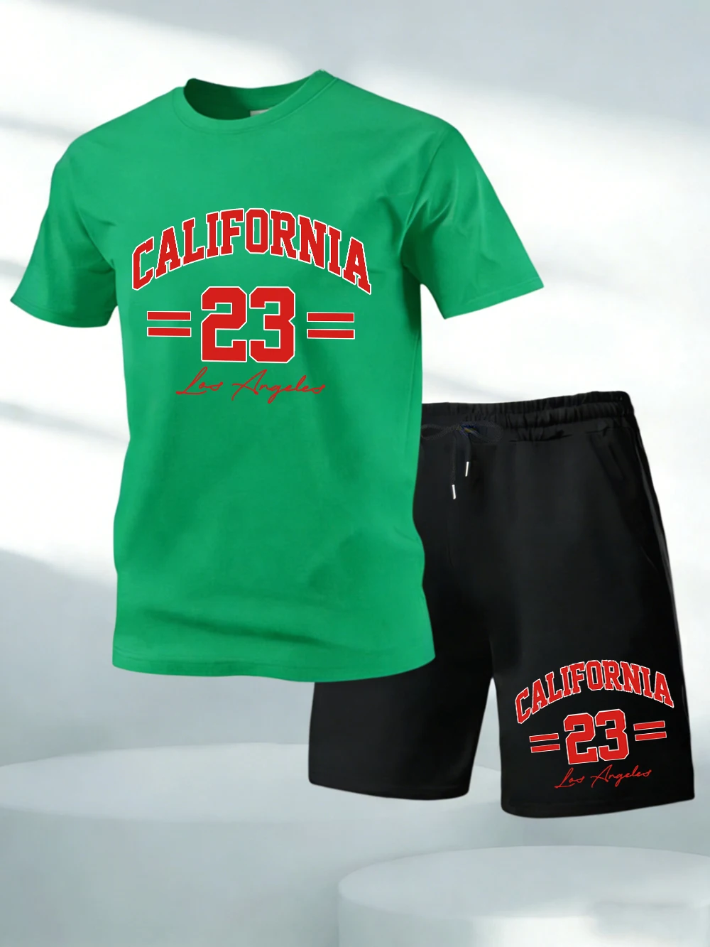 

Two Pieces Set California Number 23 Jersey Print Cotton Tops Shorts Mens Soft O-Neck Oversized T-Shirt Pocket High Waisted Pants