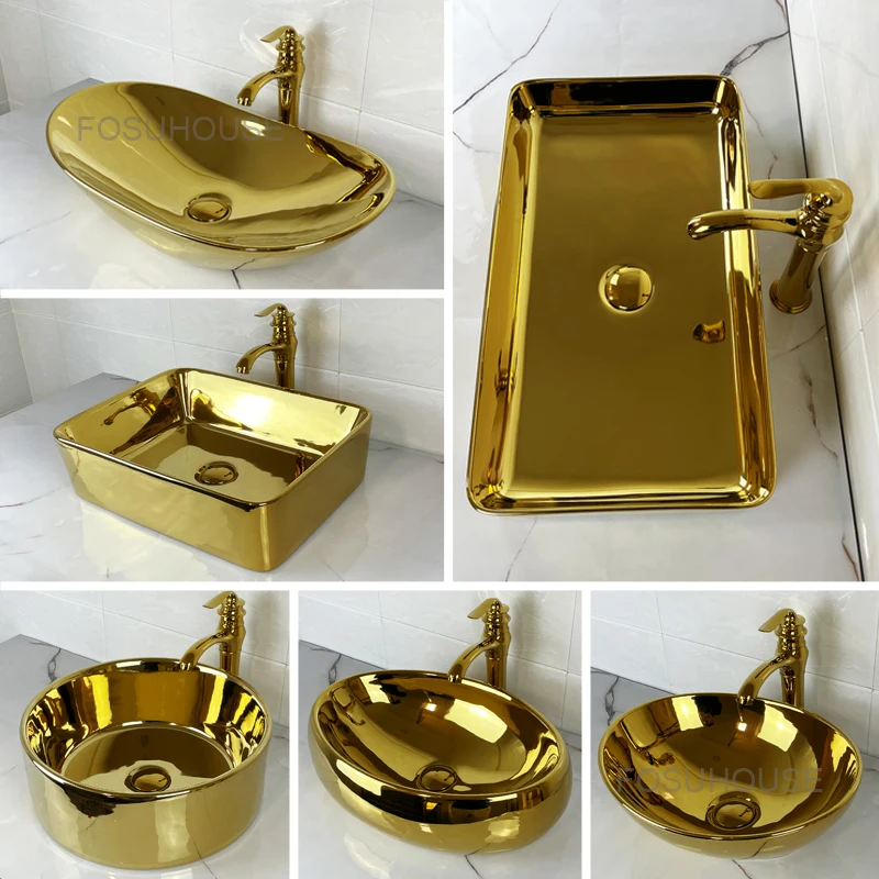 

Nordic Golden Bathroom Sink Wash Basin Hotel Nightclub Toilet Wash Basin Table Light Luxury Square Bathroom Sink