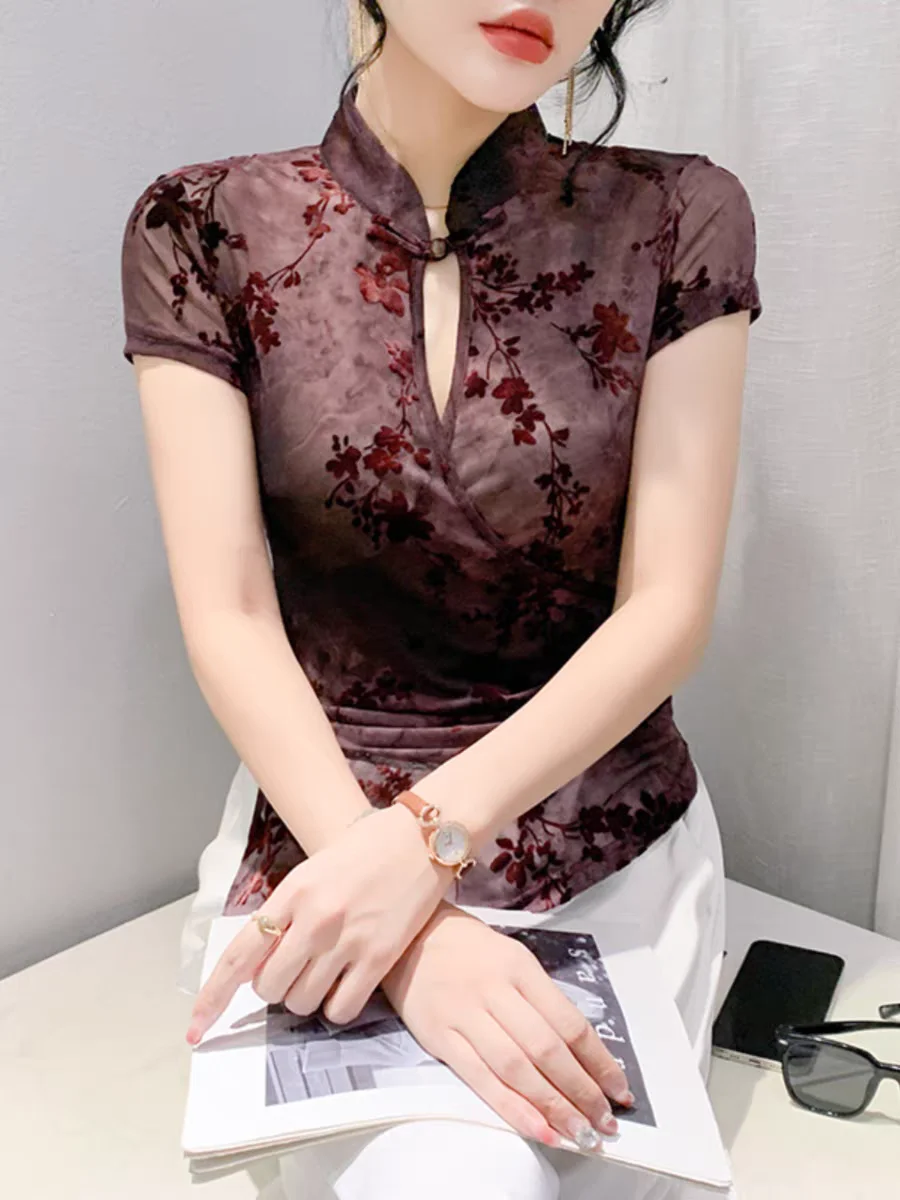 T-shirt Vintage con colletto alla coreana in stile cinese elegante donna manica corta floccaggio fiori morbidi magliette a rete magliette femminili