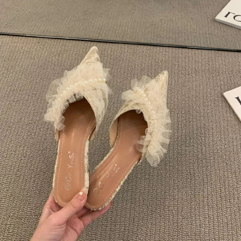 Flat Sandals Mules Pointed Toe Outside Woman Slippers Shoes for Women Slides Lace Job Apricot Sale on Offer Korea Style I Vip G