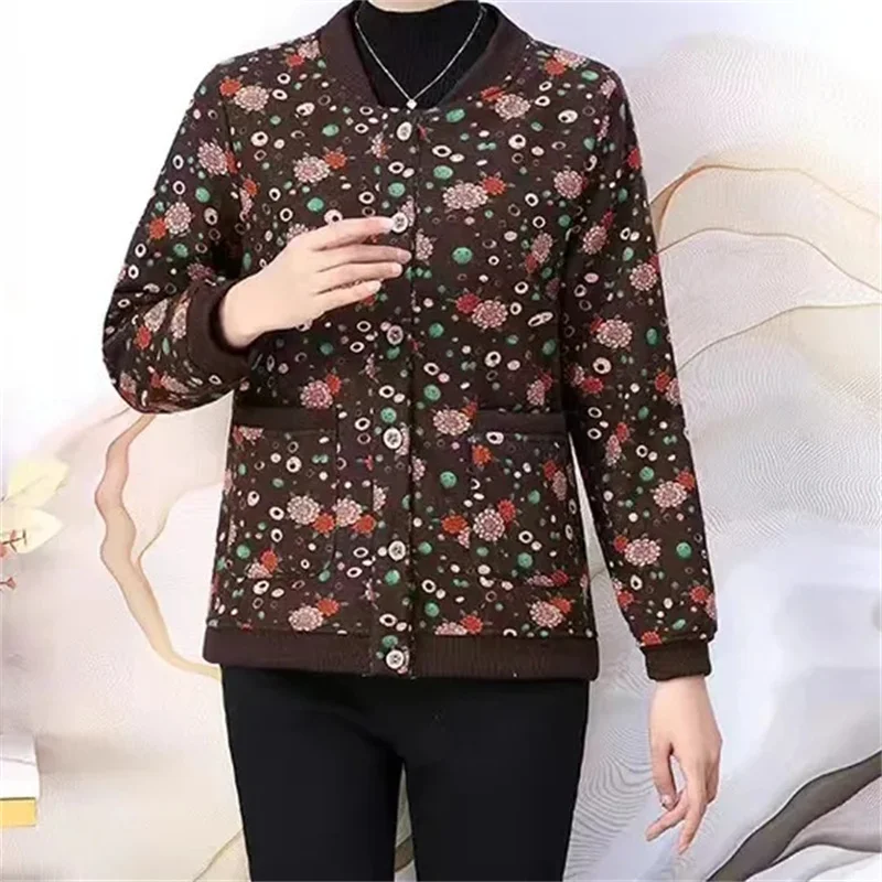 Middle-Aged And Elderly Women\'s Autumn winter Jacket 2023 New Loose Short Add Velvet Warm Coat Female Printing Outerwear Tops