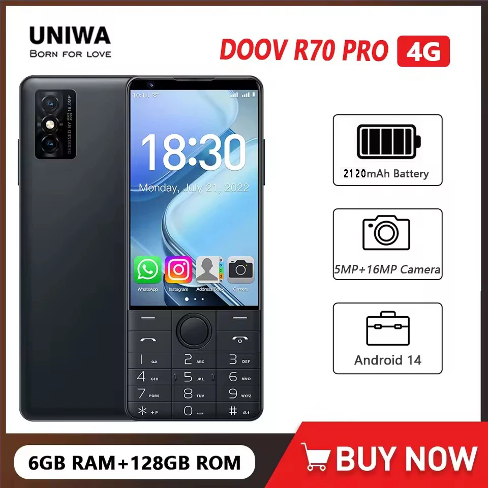 Téléphone mobile DOOV R70 Pro 4G avec écran tactile et clavier, appareil photo 16MP, écran 4,0 pouces, 6 Go + 128 Go, batterie 2120 mAh, smartphone compatible WhatsApp, clavier hébreu