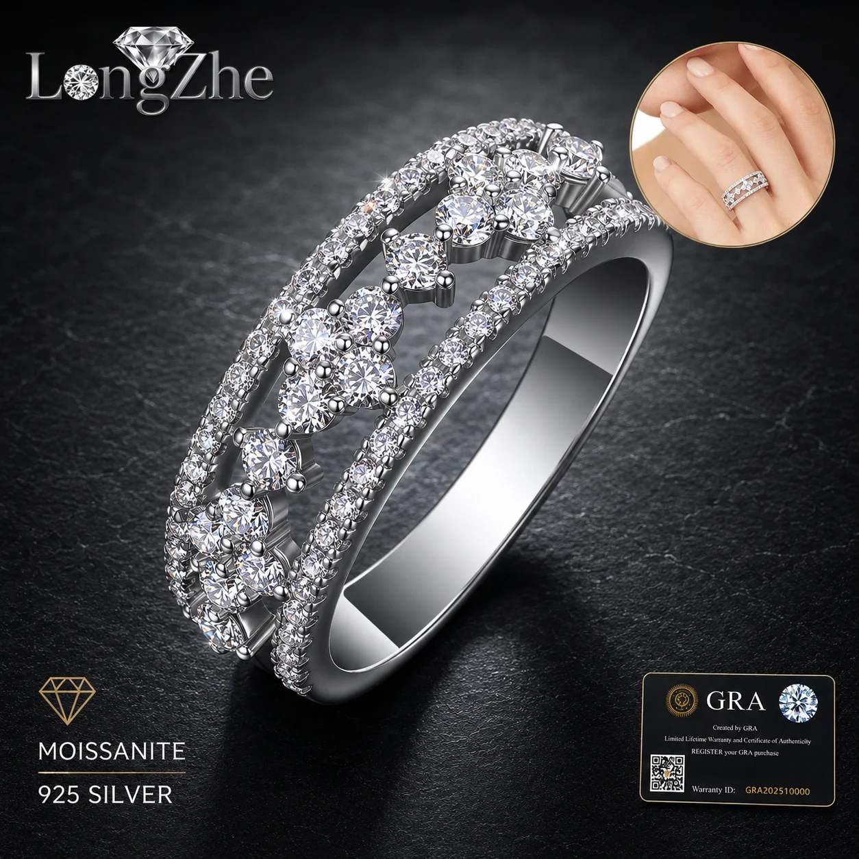 

S925 Silver Moissanite Band Ring 2mm 1mm Round Cut Floral Lattice Design for Women Bridal Party Anniversary Jewelry Gift