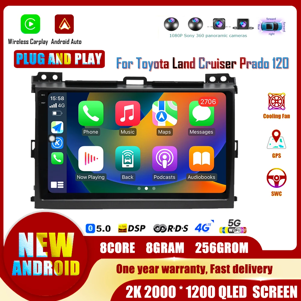 Android 14 for Toyota Land Cruiser Prado 120 2004-2009 Auto Multimedia Stereo DSP Wireless Carplay GPS Car Radio Player FM Video