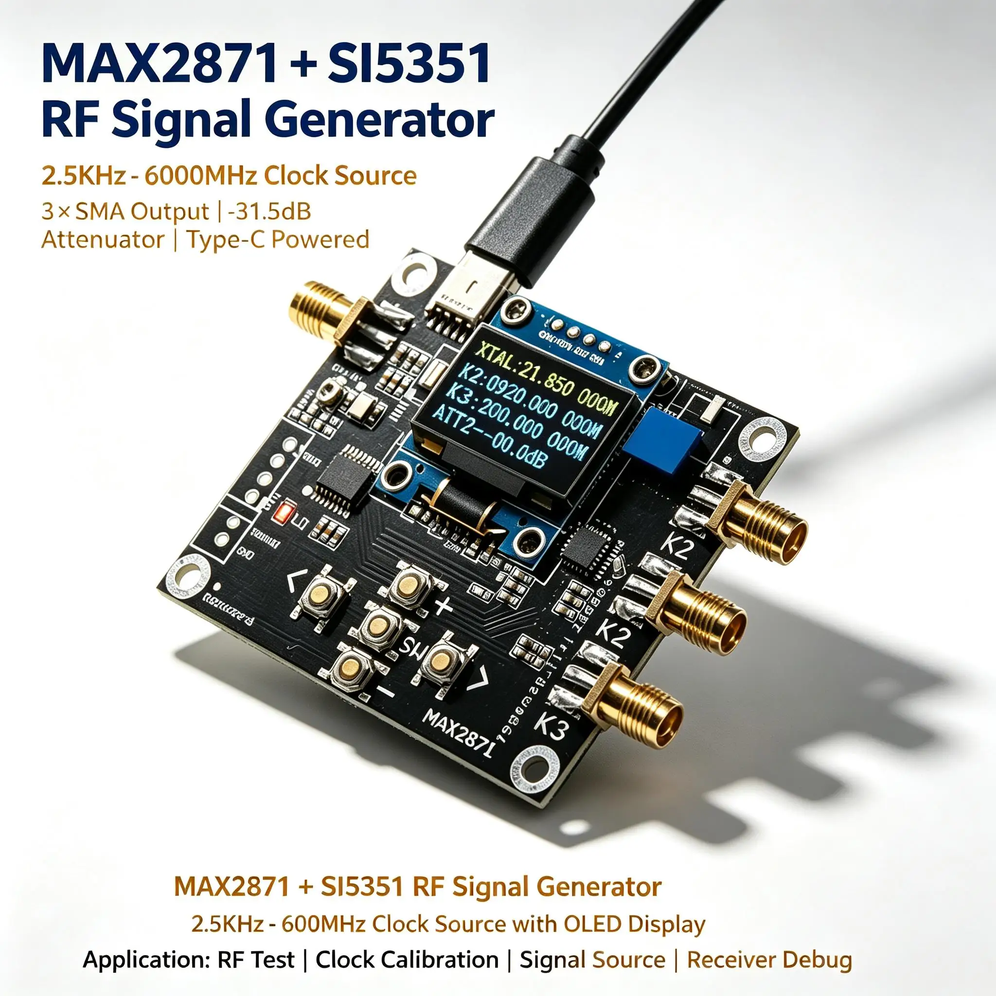 DYKB RF Signal Generator MAX2871 SI5351 2.5KHz-6GHz OLED Attenuator -31.5dB For Ham Radio VFO & Oscillator Module & Test Kit