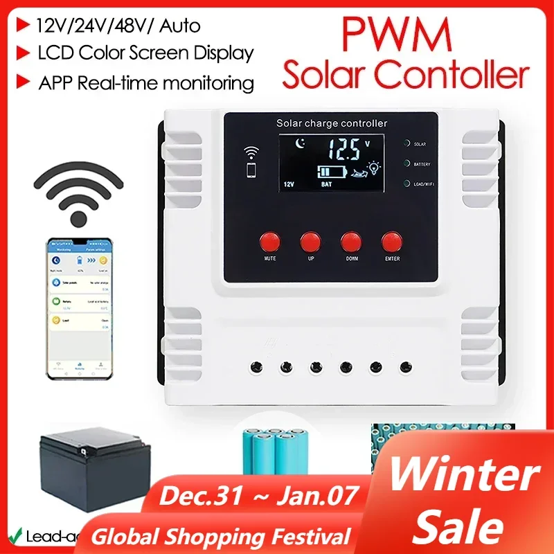 10A 20A 30A 40A 50A 60A WIFI App Control PWM Solar Charge Controller 12V/24V/48V Auto for Lithium and Lead-Acid Battery