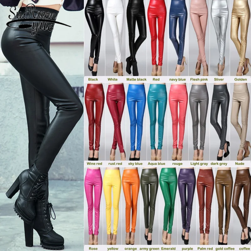 Sexy Skinny Tight Trouser Elastic Stretch Faux Leather Autumn Winter Pencil Pant Women Velvet PU Leather Pants Female 7172 50