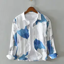 Spring and Autumn Men's 2024 New Patchwork Square Collar Button Printed Fashion Loose Minimalist Casual Long Sleeved Shirts