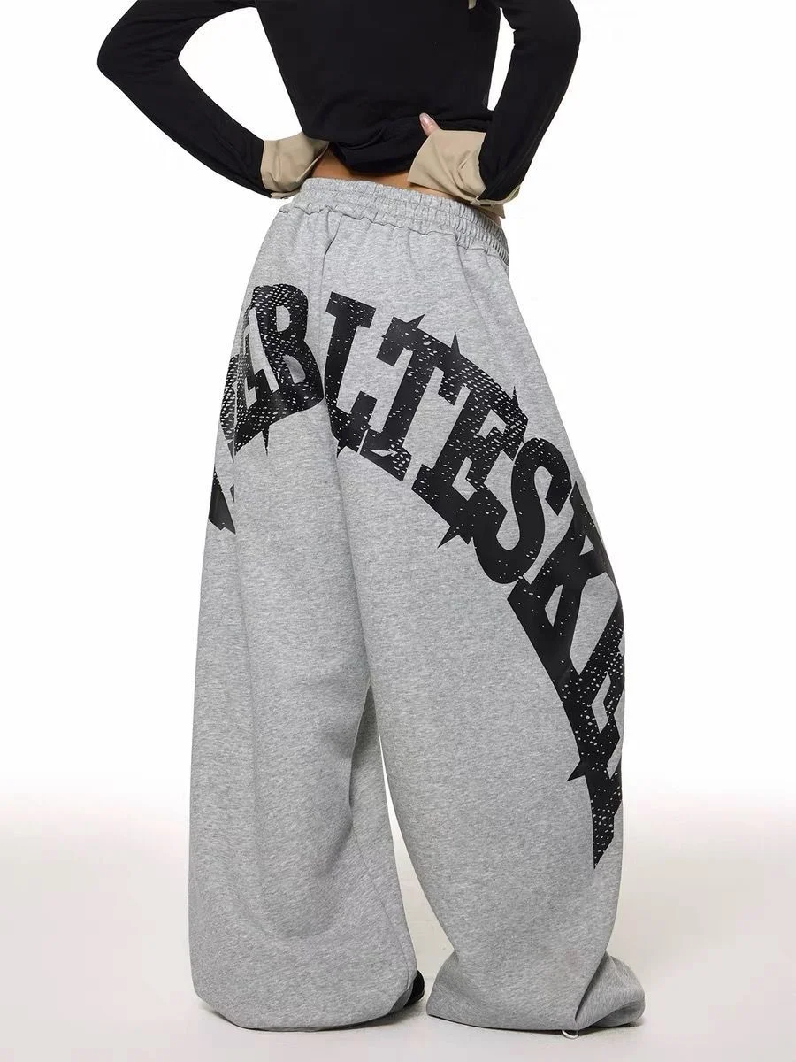 

Women's Grey Oversized Sweatpants - Graphic Print Baggy Joggers Streetwear Y2K Autumn Casual High Waist Drawstring Pants