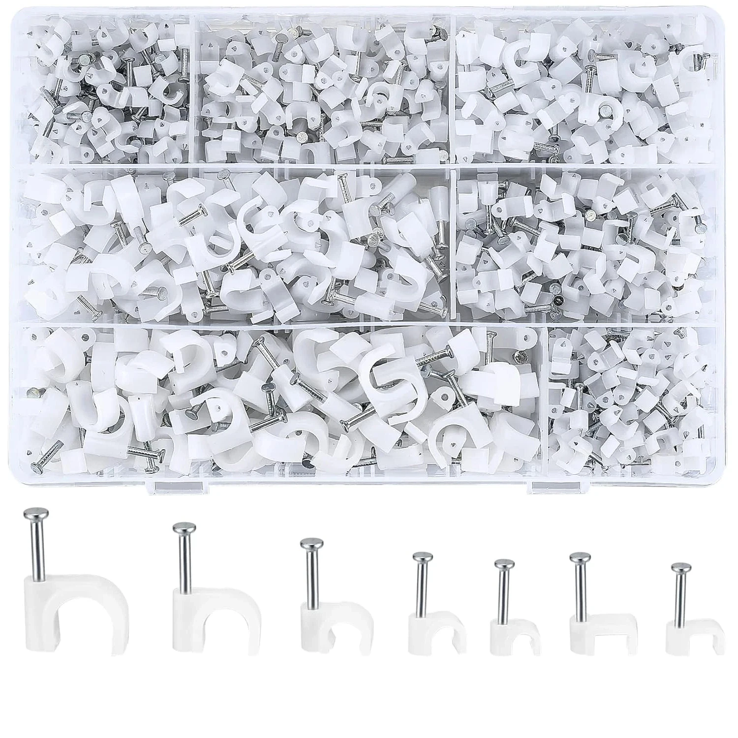 100pcs/Box Cable Clips 4/6/8/10/12/14/16/20mm Cable Wire Clips Nail in Clips Cable Tacks Coaxial Nail Clamps Nails for Cords