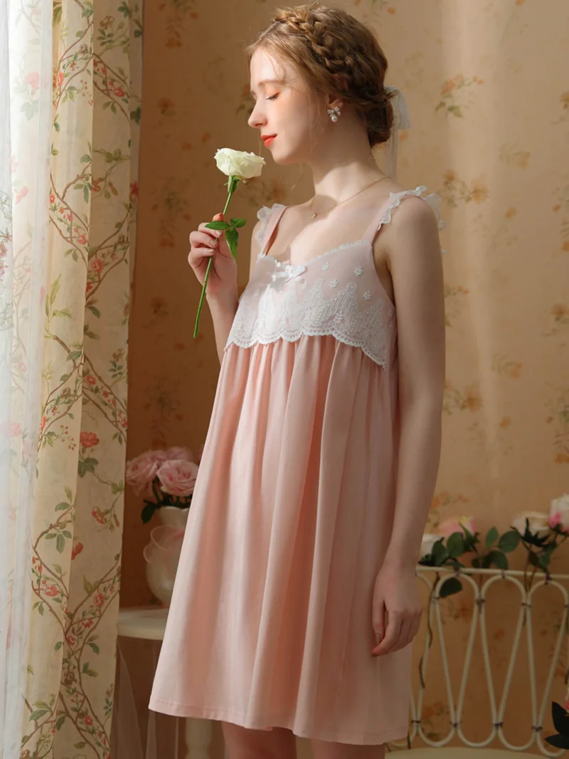 Sexy Lace Backless Victorian Nightgowns Women Summer Princess Nightdress Sleeveless Knitting Cotton Sweet Lolita Home Clothes