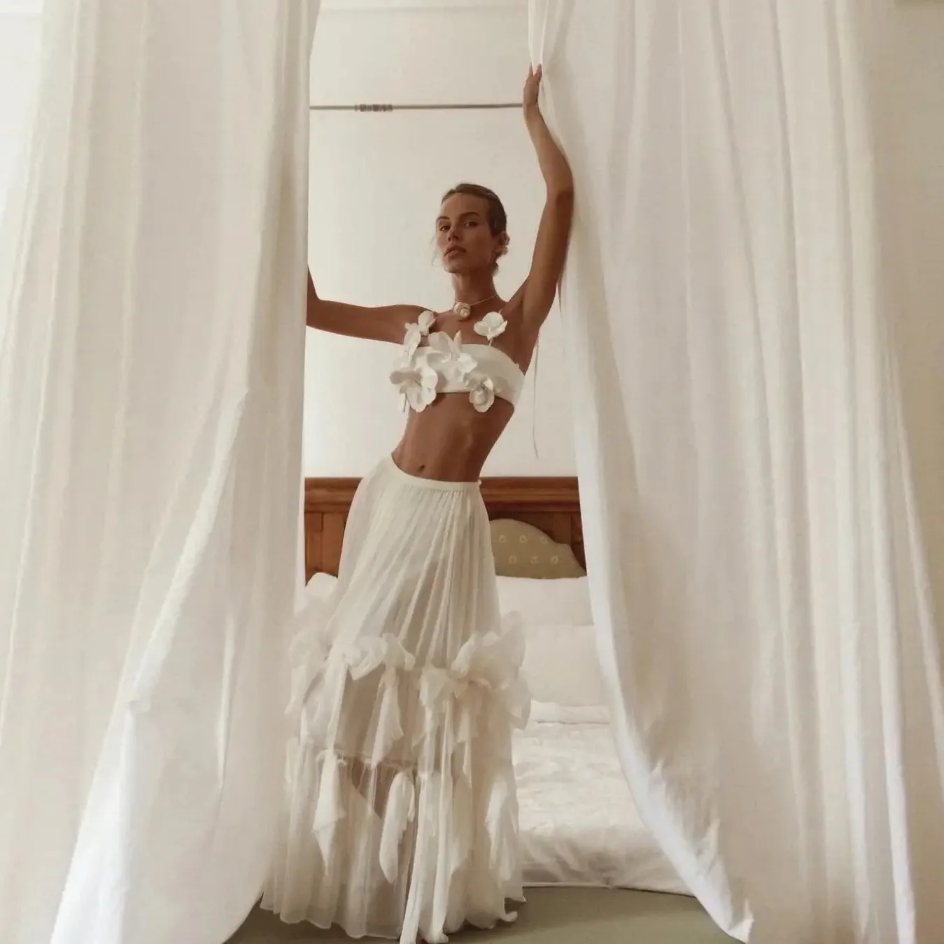 

2 Pieces Prom Dresses Draped Floral Party Dress A Line Off Shoulder Chiffon Long Party Gowns 3D Flowers Sleeveless Full Length