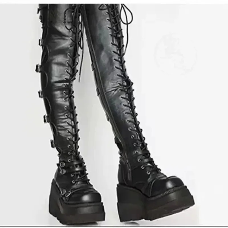Botas Largas de cuña para mujer Otoño Invierno Botas por encima de la rodilla Cosplay Botas de plataforma alta para mujer nuevas Botas góticas de tacón alto Altas