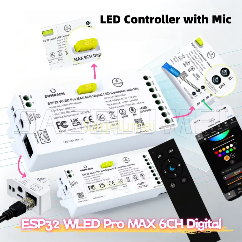 New ESP32 Pro MAX WLED LED Controller 6CH Digital Pixel Ethernet WiFi UART PDM Mic Relay Music Sync for WS2812B SK6812 DOMRAEM