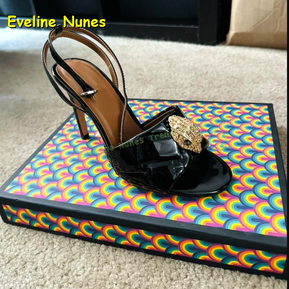 

Metal Decoration Rhinestone Fashion Sandals Patent Leather Side Air Buckle Strap Sexy Solid Women High Heels 2026 Summer Party