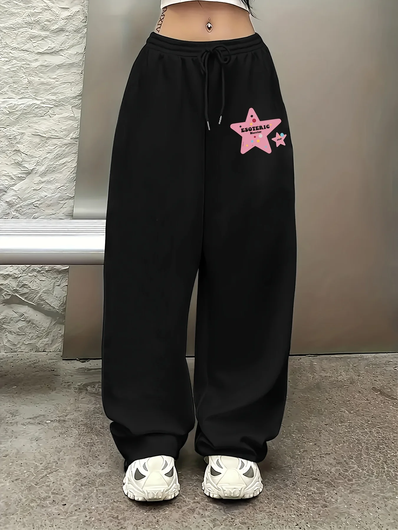 

Женские осенние и зимние свободные прямые флисовые спортивные штаны больших размеров со звездным принтом, уличная одежда с эластичным поясом, универсальная