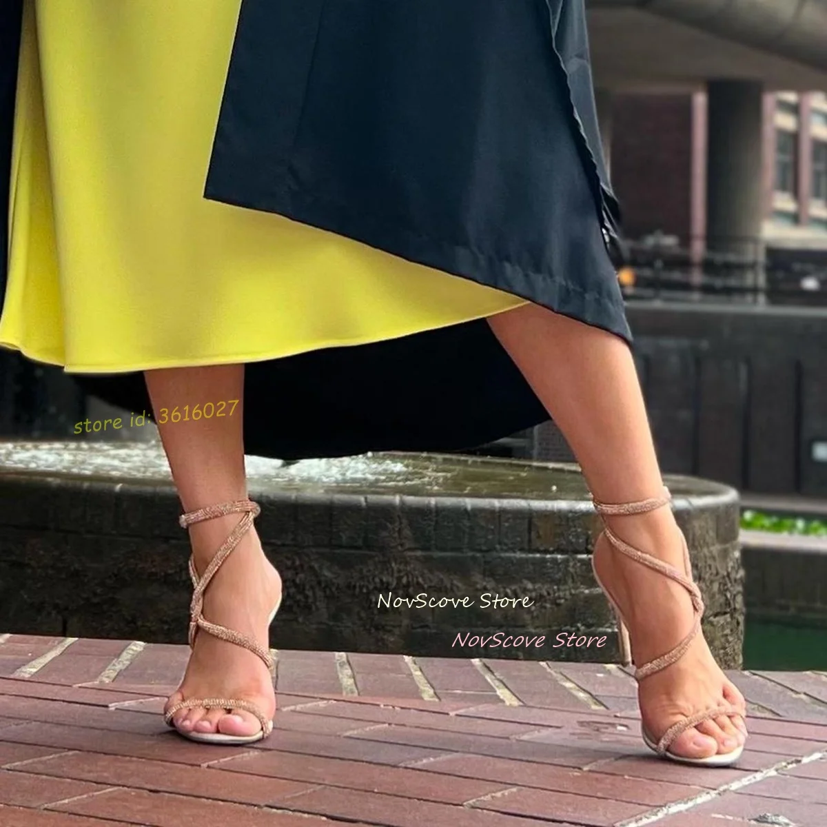 Rhinestone Straps Party Sandals Stiletto High Heels Slender Upper Shiny Shallow Pumps Twist Lace Up Open Toe Summer Shoes