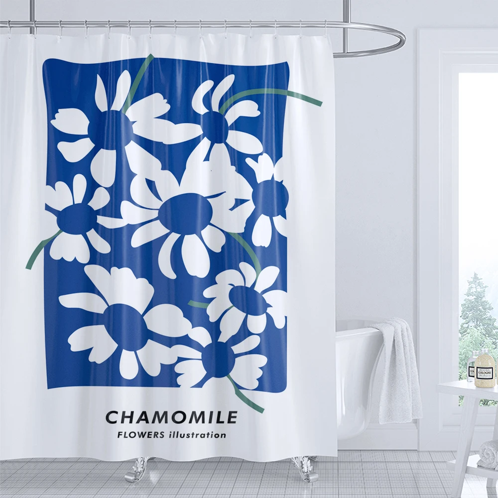 1PC Blue Flower Shower Curtain with Plastic Hook - Modern Abstract Art Floral Design, Chic Bathroom Curtain Home Decoration